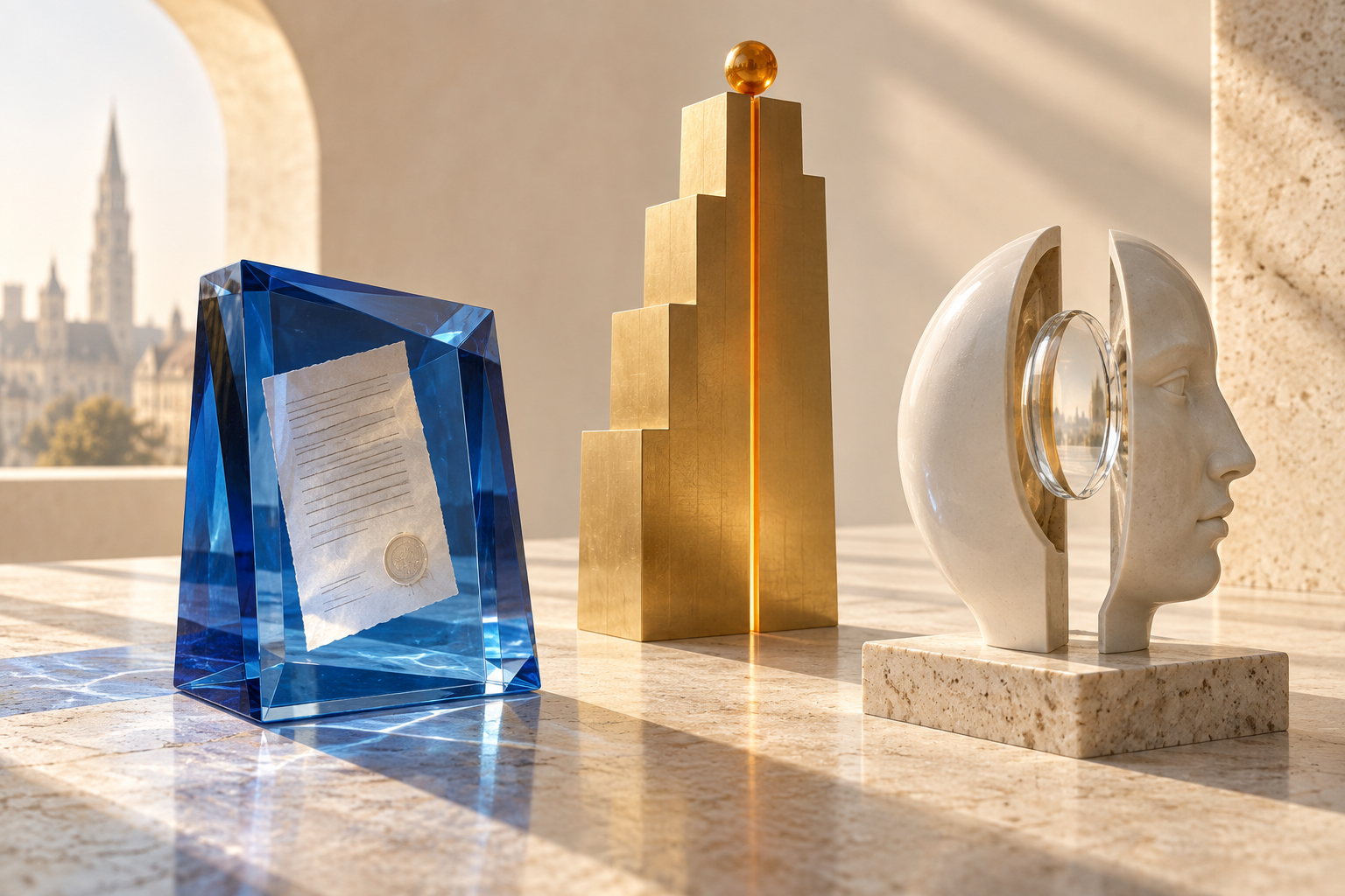 Symbolic composition: a document protected in blue glass, a golden structure of value and a sculpted face to verify.